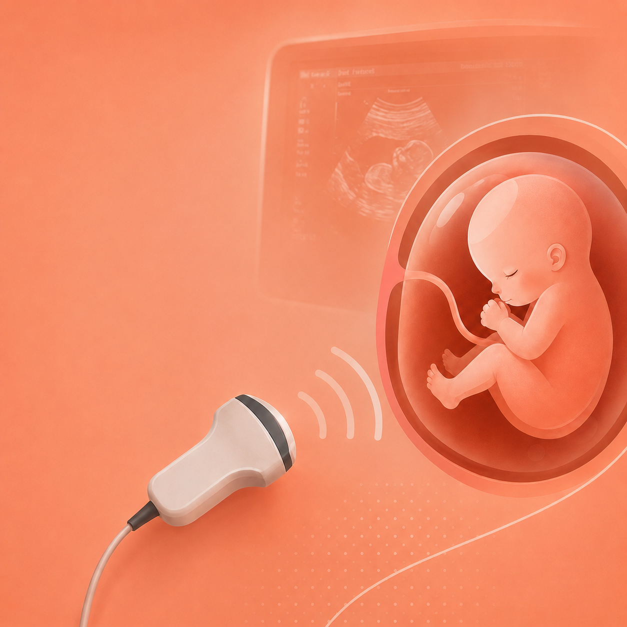 Transdutor de ultrassom emitindo ondas em direção a um feto dentro do saco gestacional, com o monitor do aparelho ao fundo